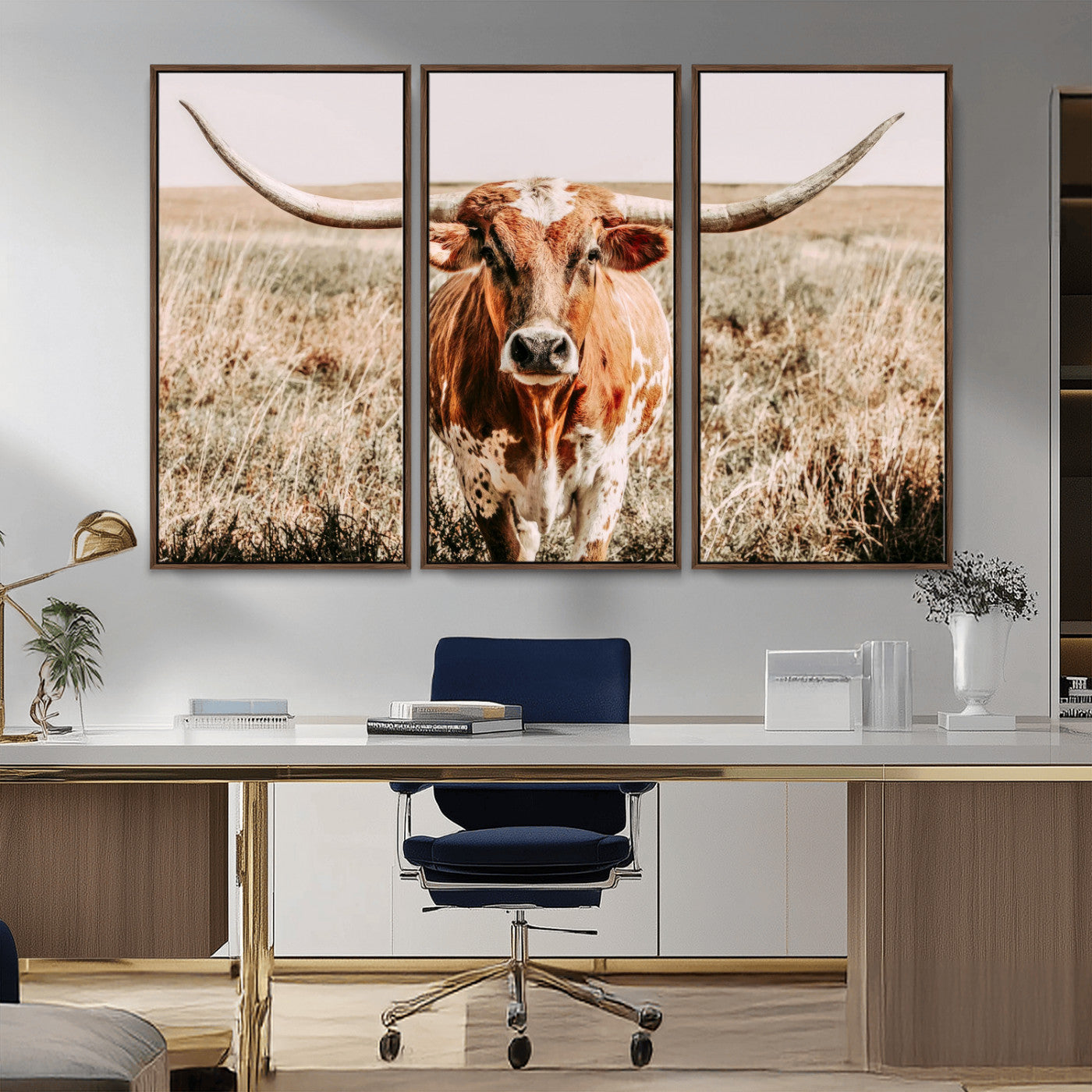 Framed longhorn cow canvas wall art with rustic prairie background, western animal print perfect for farmhouse or ranch style decor