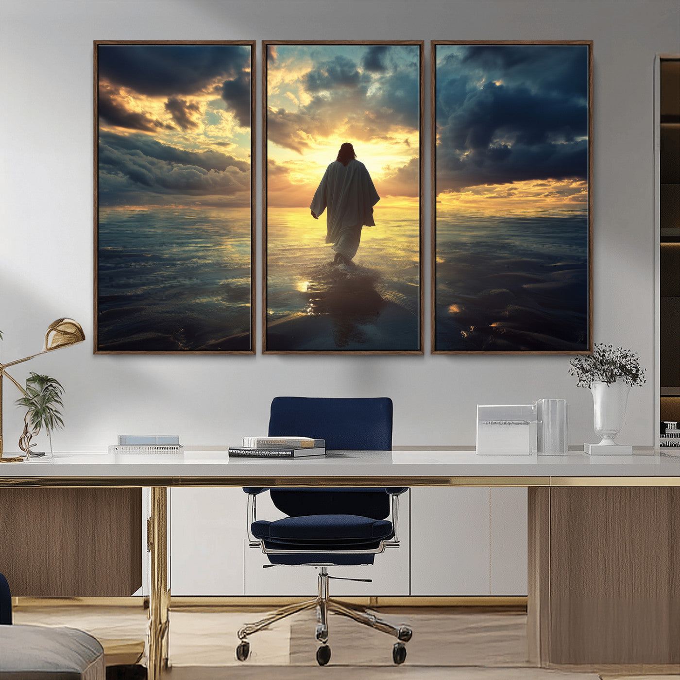 Spiritual artwork of Jesus walking on water at golden hour with divine light, ideal for Christian home decor or prayer room.
