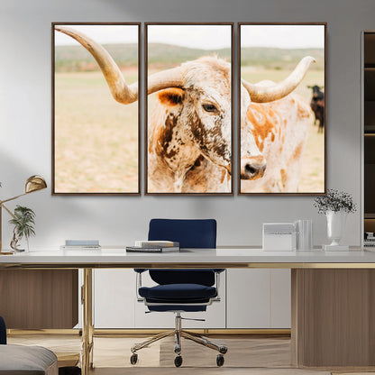 Close-up of a speckled Texas Longhorn in warm prairie tones, perfect for rustic western or countryside-themed room decor.