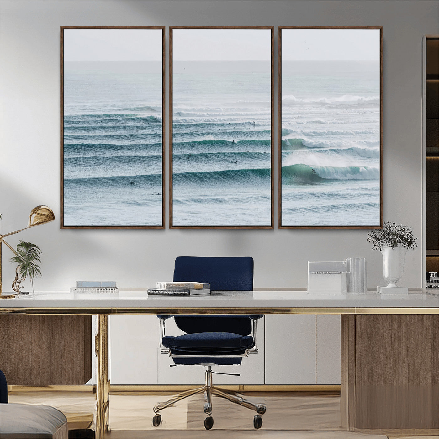 High-angle view of surfers lining up across layered ocean waves, ideal for minimal coastal or surf-inspired room decor.