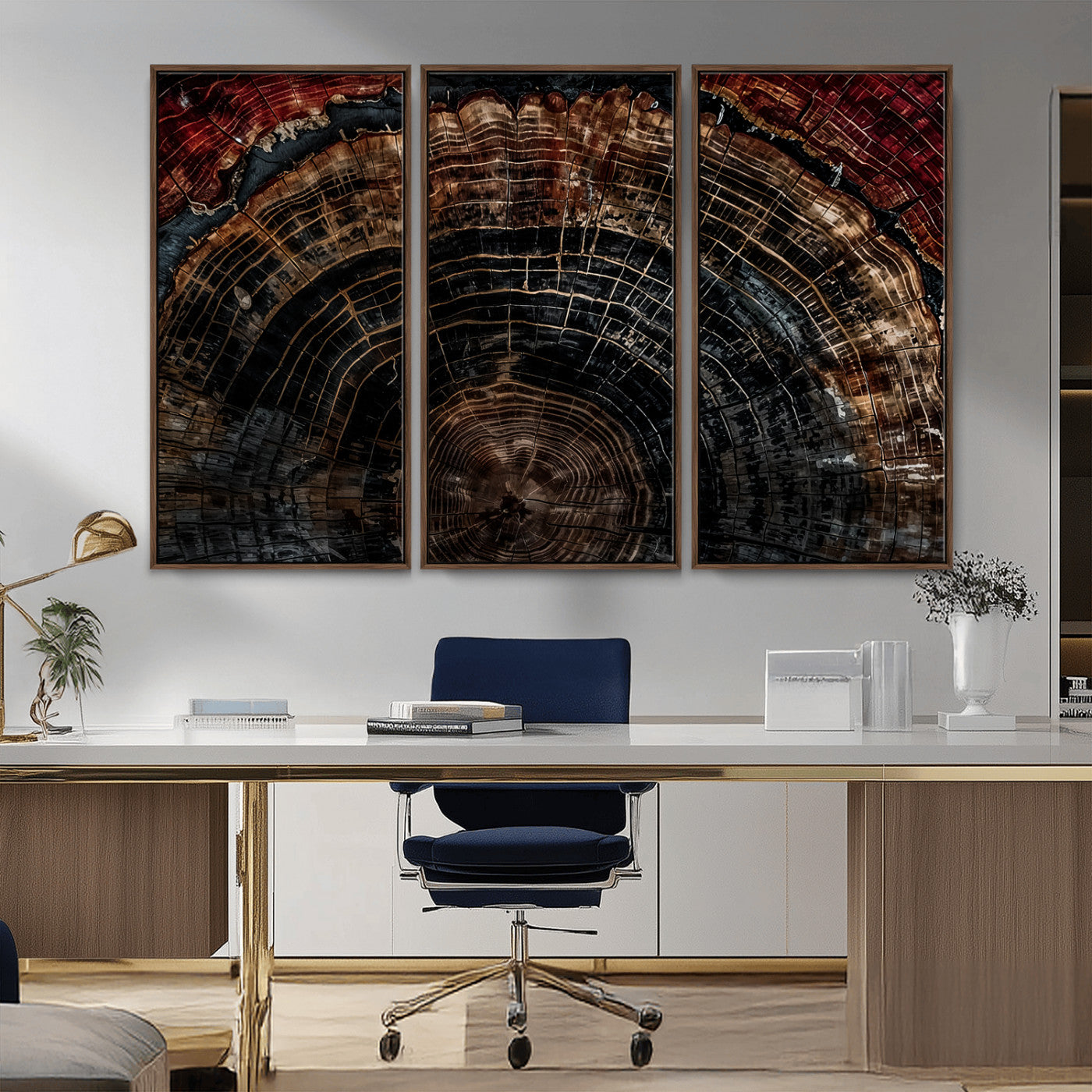 Dark Wood Wall Art Print - Petrified Tree Canvas Print, featuring an intricate tree ring pattern with deep earthy tones and organic textures, perfect for rustic and nature-inspired decor.