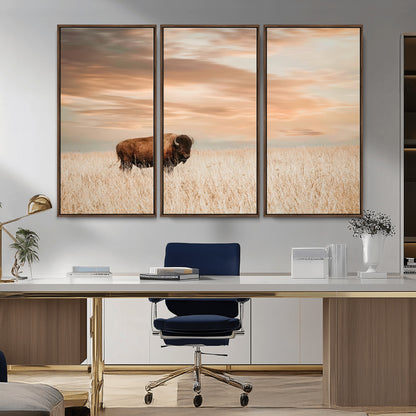 Bison Wall Art Print - Buffalo Canvas Print, featuring a lone bison in a golden prairie under a warm sunset sky, perfect for rustic and farmhouse decor.