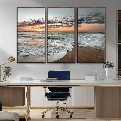 Ocean Sunset Wall Art Print - Beach Waves Canvas Print, featuring a serene seascape with golden sunlight reflecting on gentle waves, perfect for coastal and minimalist decor.