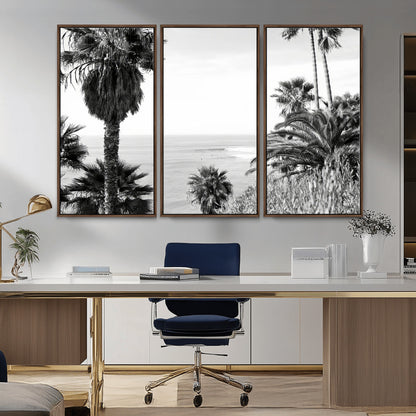 Monochrome canvas of palm trees framing a coastal surf scene, perfect for California-inspired or retro black-and-white beach decor.