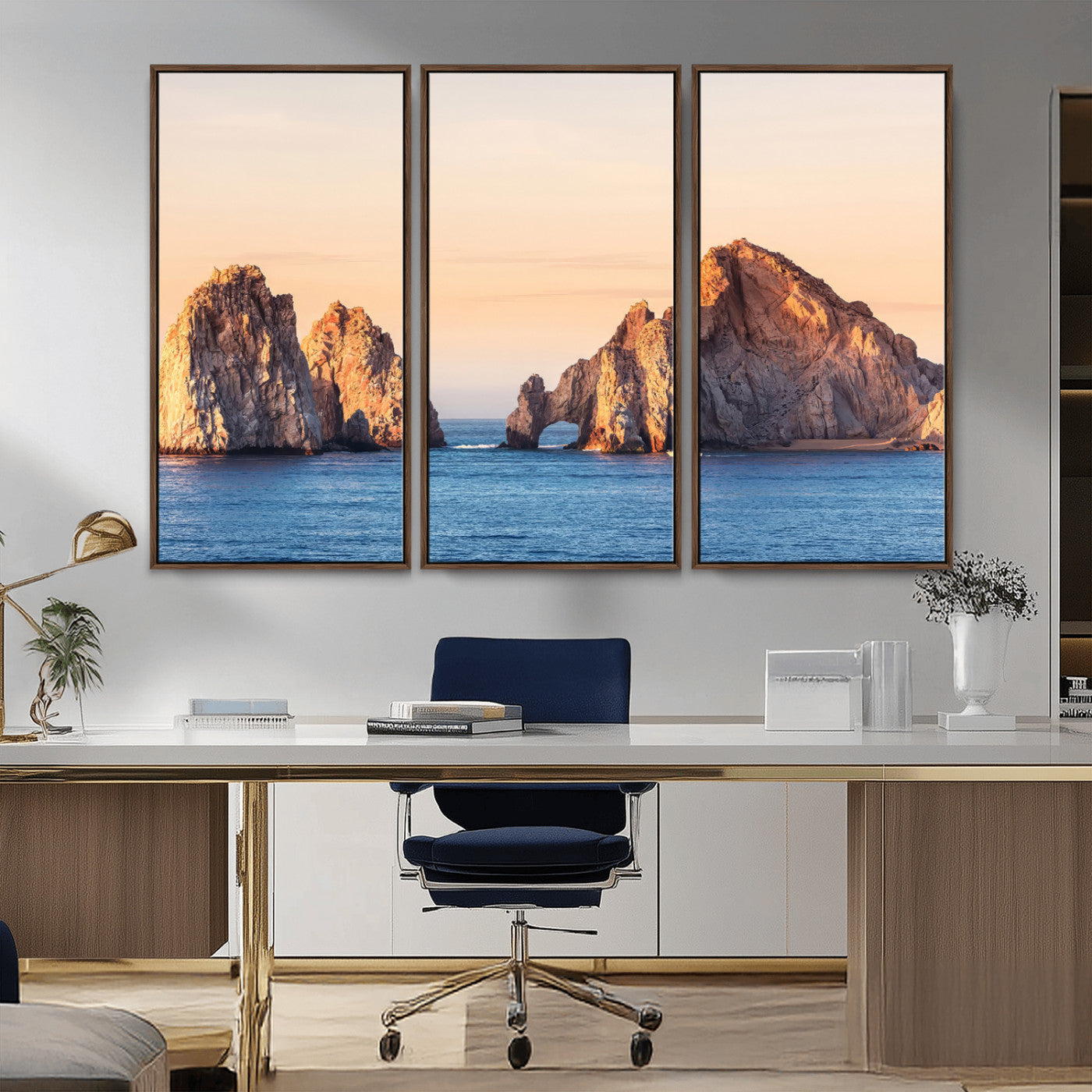 Framed canvas of El Arco rock formation in Cabo San Lucas at golden hour, ideal for coastal landmark or ocean-inspired decor.