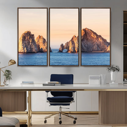 Framed canvas of El Arco rock formation in Cabo San Lucas at golden hour, ideal for coastal landmark or ocean-inspired decor.