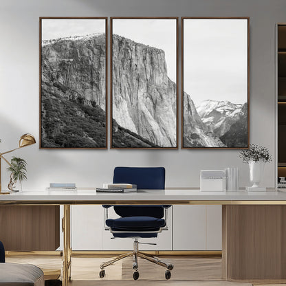 Monochrome canvas of El Capitan’s granite wall in Yosemite with snowy peaks, ideal for dramatic mountain or black-and-white nature decor.