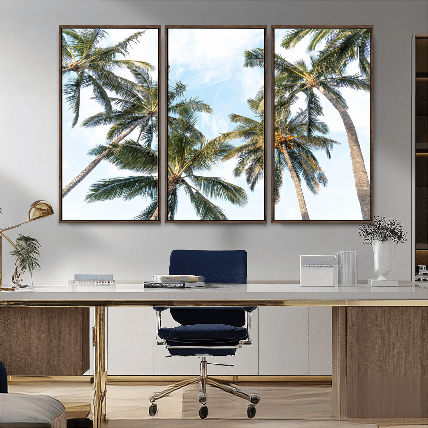 Framed canvas of tall palm trees reaching into a tropical sky, ideal for beach home or relaxed island-inspired wall decor.