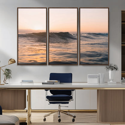 Framed canvas of ocean waves glowing in sunset light, ideal for golden hour calm or peaceful coastal-inspired wall decor.