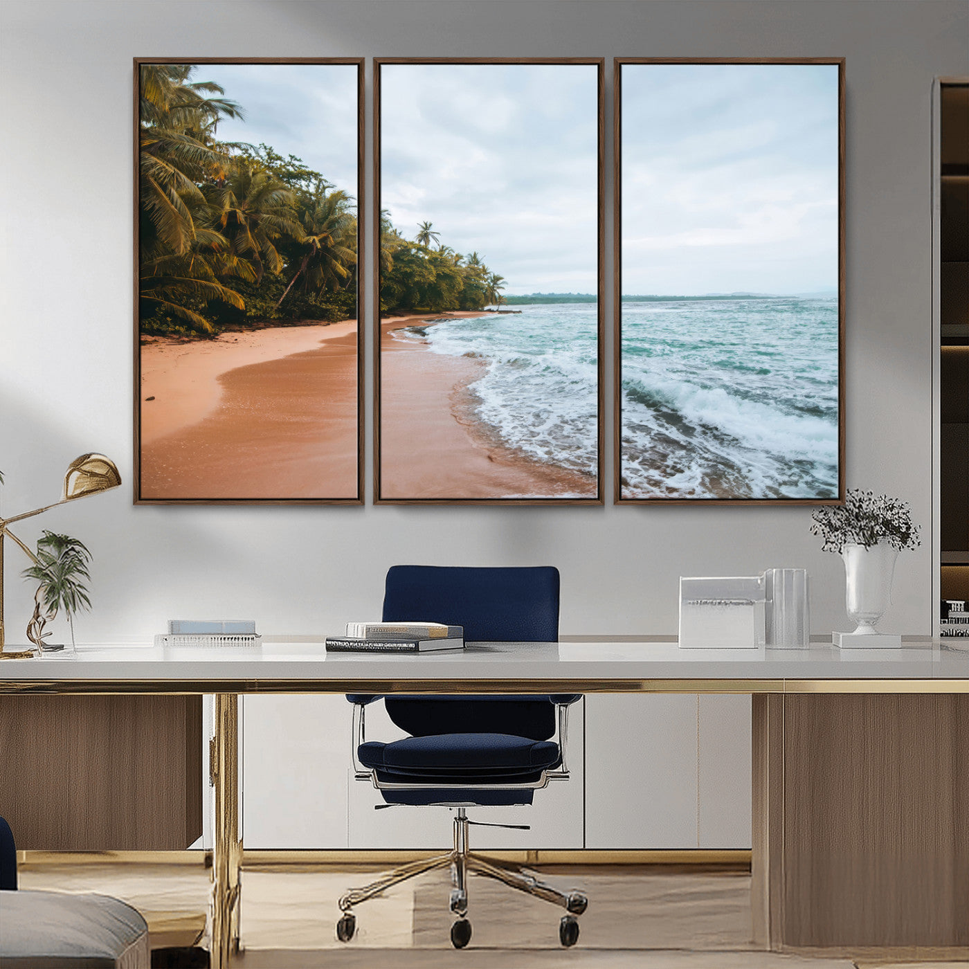 Framed canvas of a tropical beach with palm trees and soft waves, ideal for coastal escape or serene nature-inspired home decor.