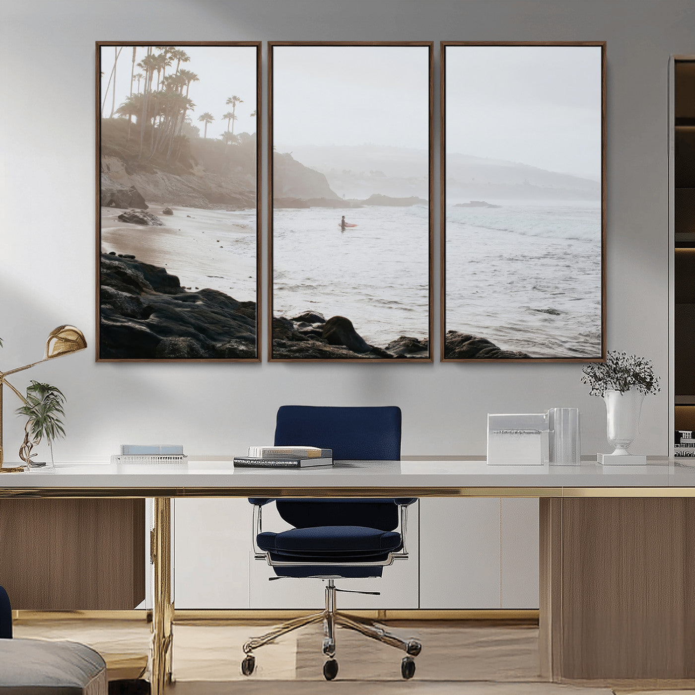 Framed canvas of a surfer in misty coastal tones at a foggy California beach, ideal for minimalist coastal beach or serene ocean-themed decor.