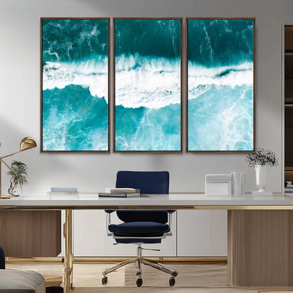 Aerial view of turquoise ocean waves crashing with white foam, perfect for tropical coastal or modern beach-style home decor.