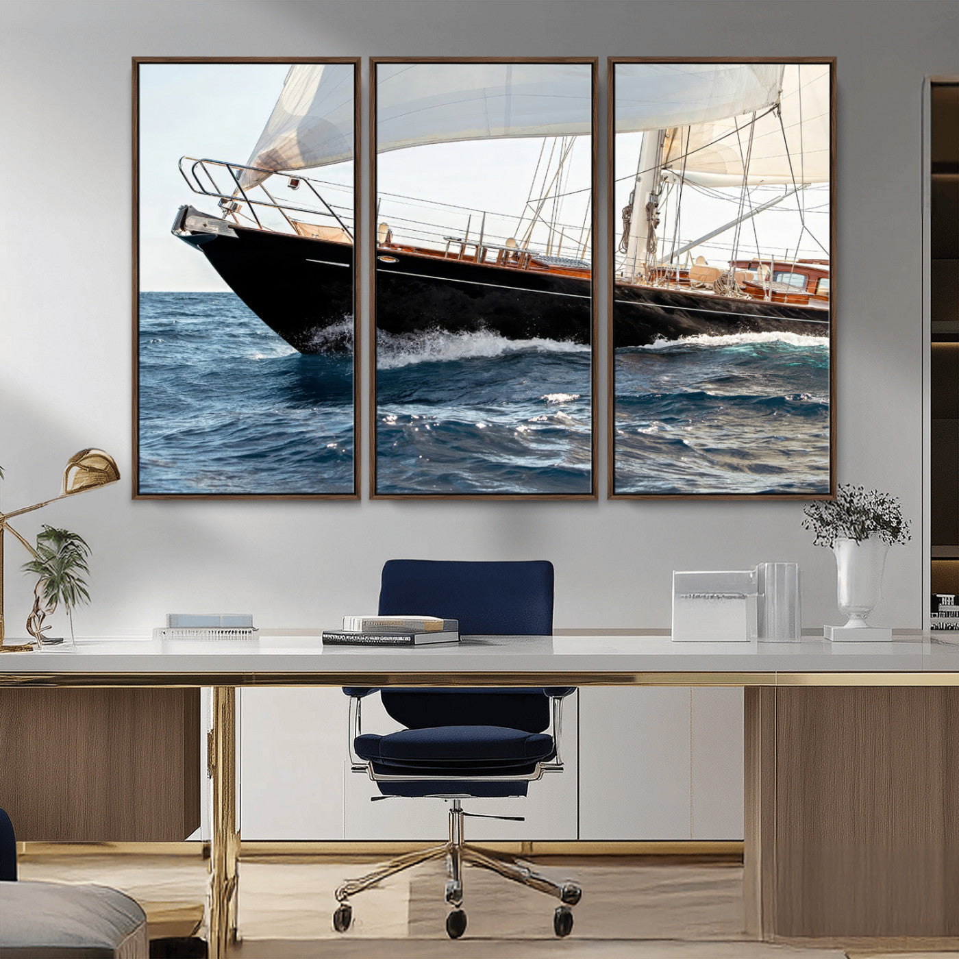 Close-up of a classic sailing yacht with wooden deck and full sails, perfect for nautical or coastal-style decor in ocean-themed spaces.
