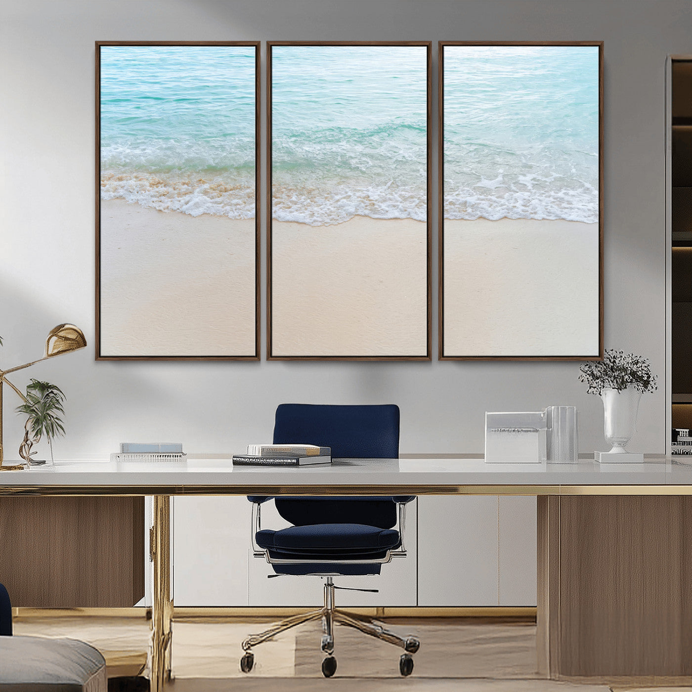 Soft shoreline with gentle aqua waves on smooth sand, ideal for minimalist coastal or pastel ocean-inspired home wall decor.