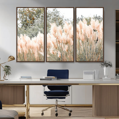 Soft pastel pampas grasses in a natural setting, ideal for neutral boho or rustic botanical-style interior wall decoration.