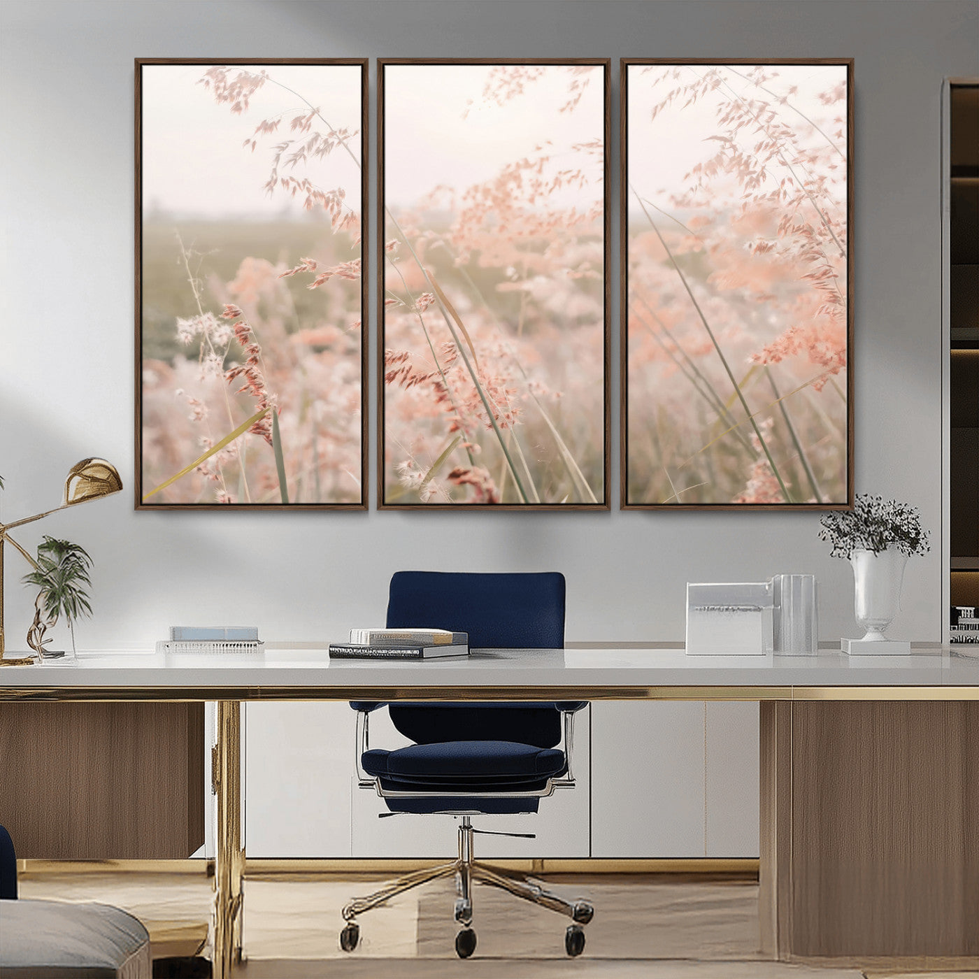 Soft pastel field with wild grasses in warm light, ideal for minimal nature or airy countryside-inspired interior wall decoration.