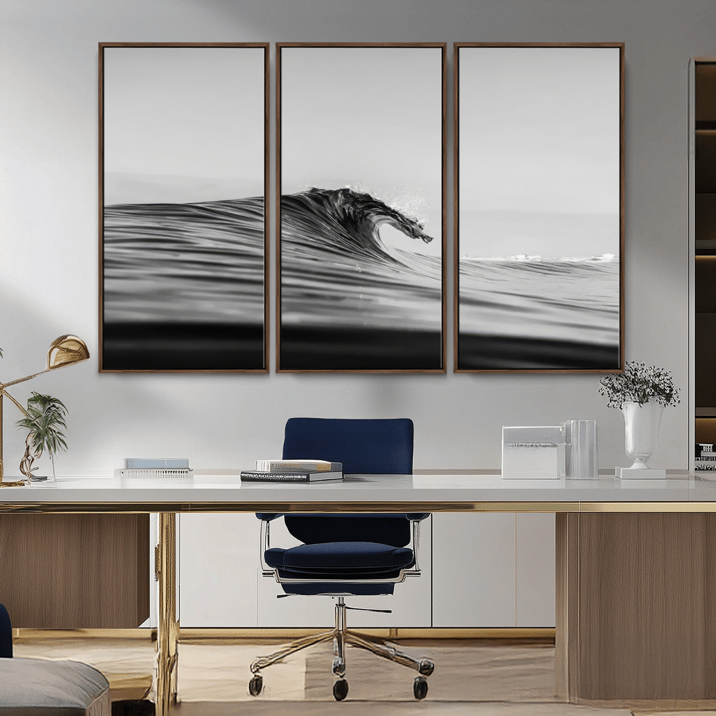 Striking black and white photo of a curling wave, ideal for modern coastal or minimalist wall decor settings.