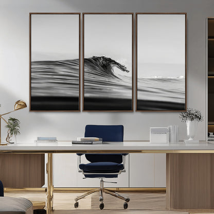 Striking black and white photo of a curling wave, ideal for modern coastal or minimalist wall decor settings.