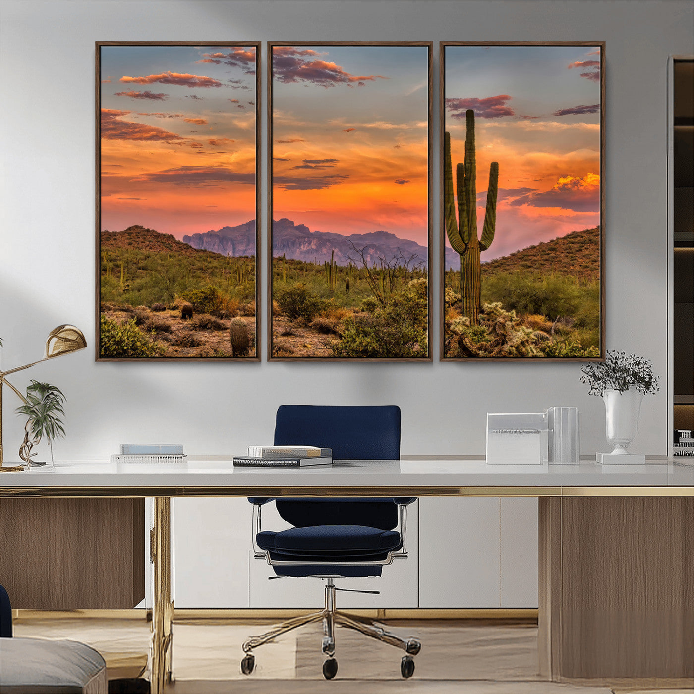 Vibrant desert sunset with saguaro cacti and distant mountains, perfect for Southwestern or warm-toned home decor.