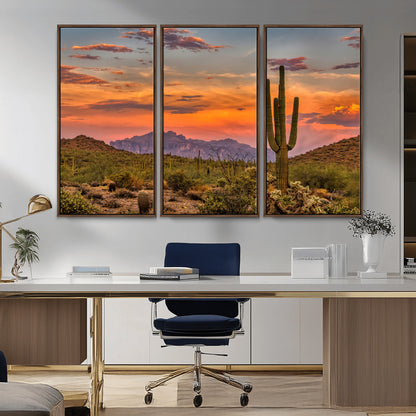 Vibrant desert sunset with saguaro cacti and distant mountains, perfect for Southwestern or warm-toned home decor.