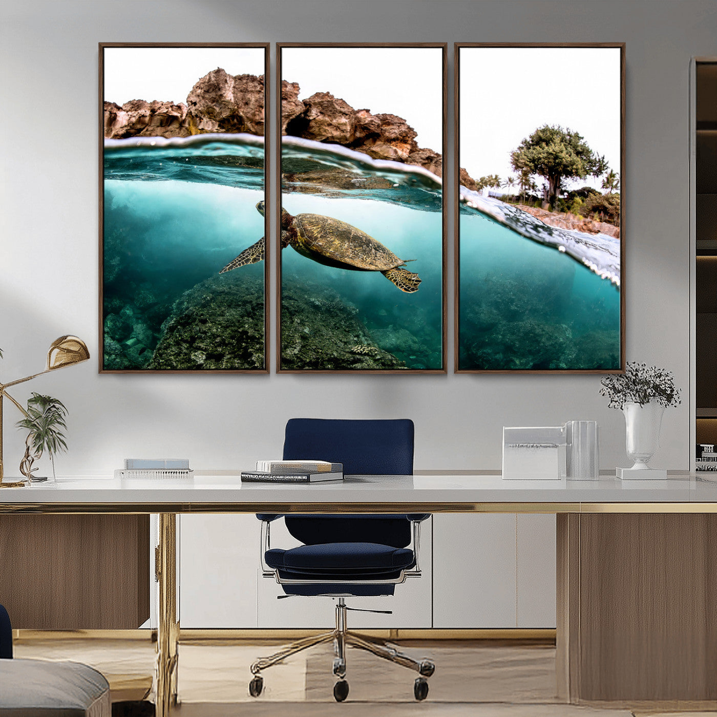 Dynamic split-view photo of a sea turtle swimming near rocky shores, perfect for vibrant coastal or tropical beach home decor.