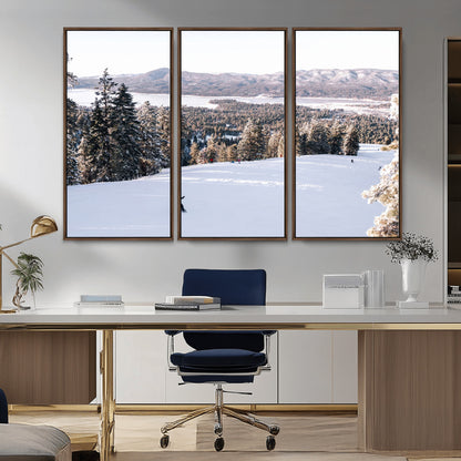Canvas of a snowy mountain ski slope with pine trees and bright winter light, ideal for modern rustic or alpine-inspired home decor.