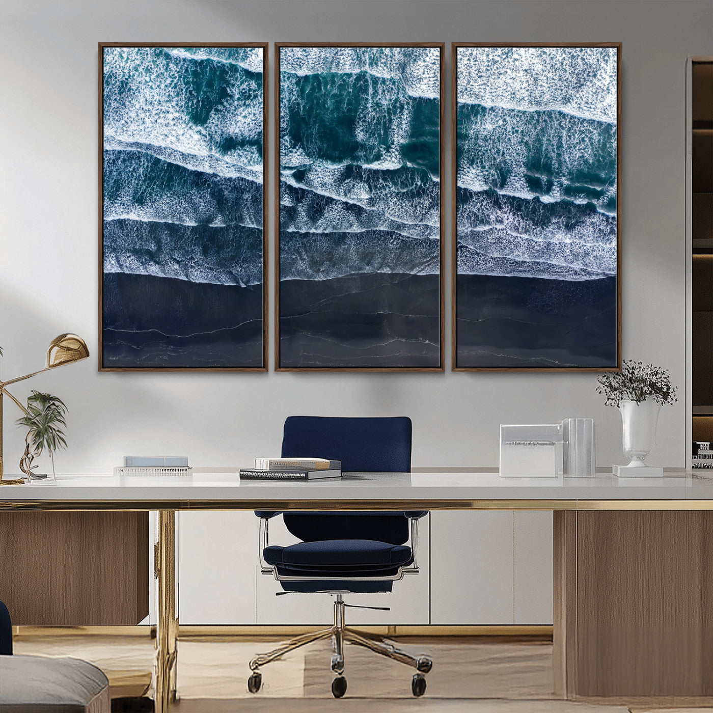 Canvas of aerial ocean waves crashing onto a black sand beach in moody tones, ideal for modern coastal or minimalist home decor.