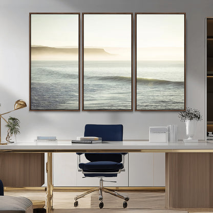 Canvas of a misty ocean scene with coastal cliffs and soft neutral tones, ideal for Scandinavian coastal or minimalist nature-inspired home decor.