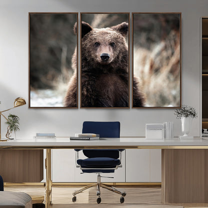 Canvas of a brown bear in soft earthy tones and moody forest light, ideal for rustic cabin or woodland nature-themed home decor.