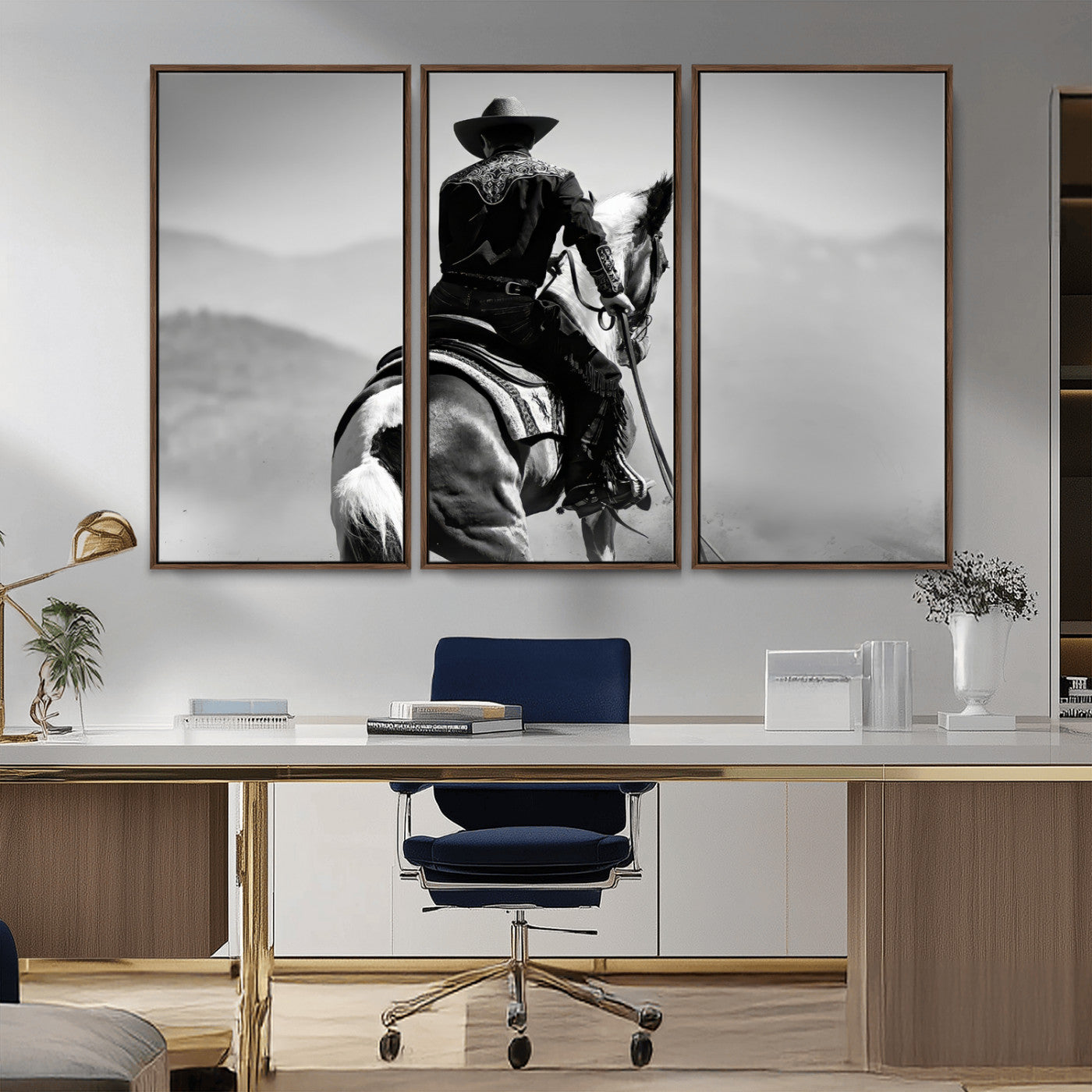 Black and white canvas of a cowboy on horseback with moody tones, perfect for rustic western or country-inspired home decor.