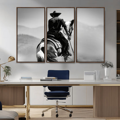 Black and white canvas of a cowboy on horseback with moody tones, perfect for rustic western or country-inspired home decor.