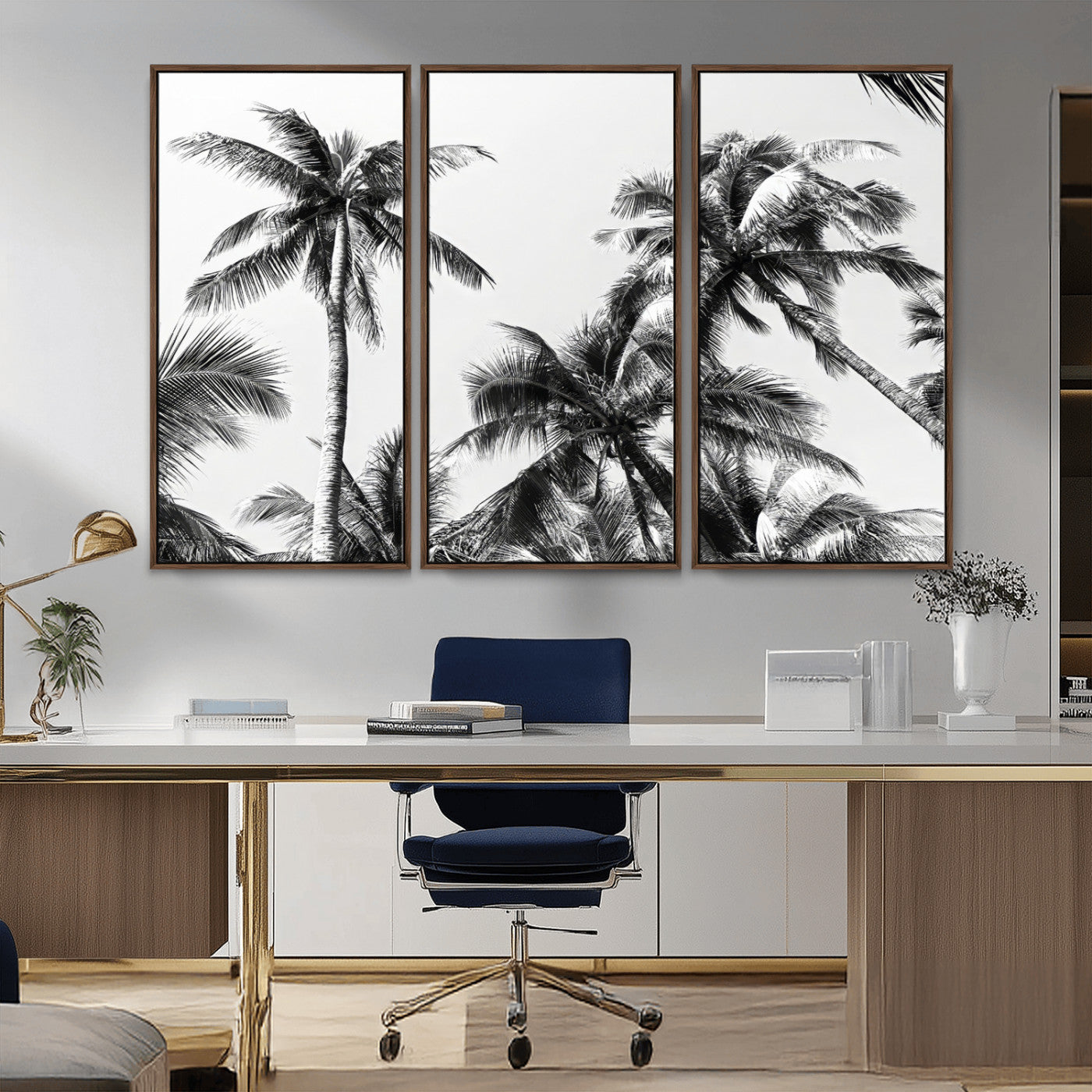 Black and white canvas of tall palm trees in moody tones, perfect for modern tropical minimalist or coastal-style home decor.
