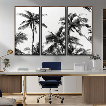 Black and white canvas of tall palm trees in moody tones, perfect for modern tropical minimalist or coastal-style home decor.