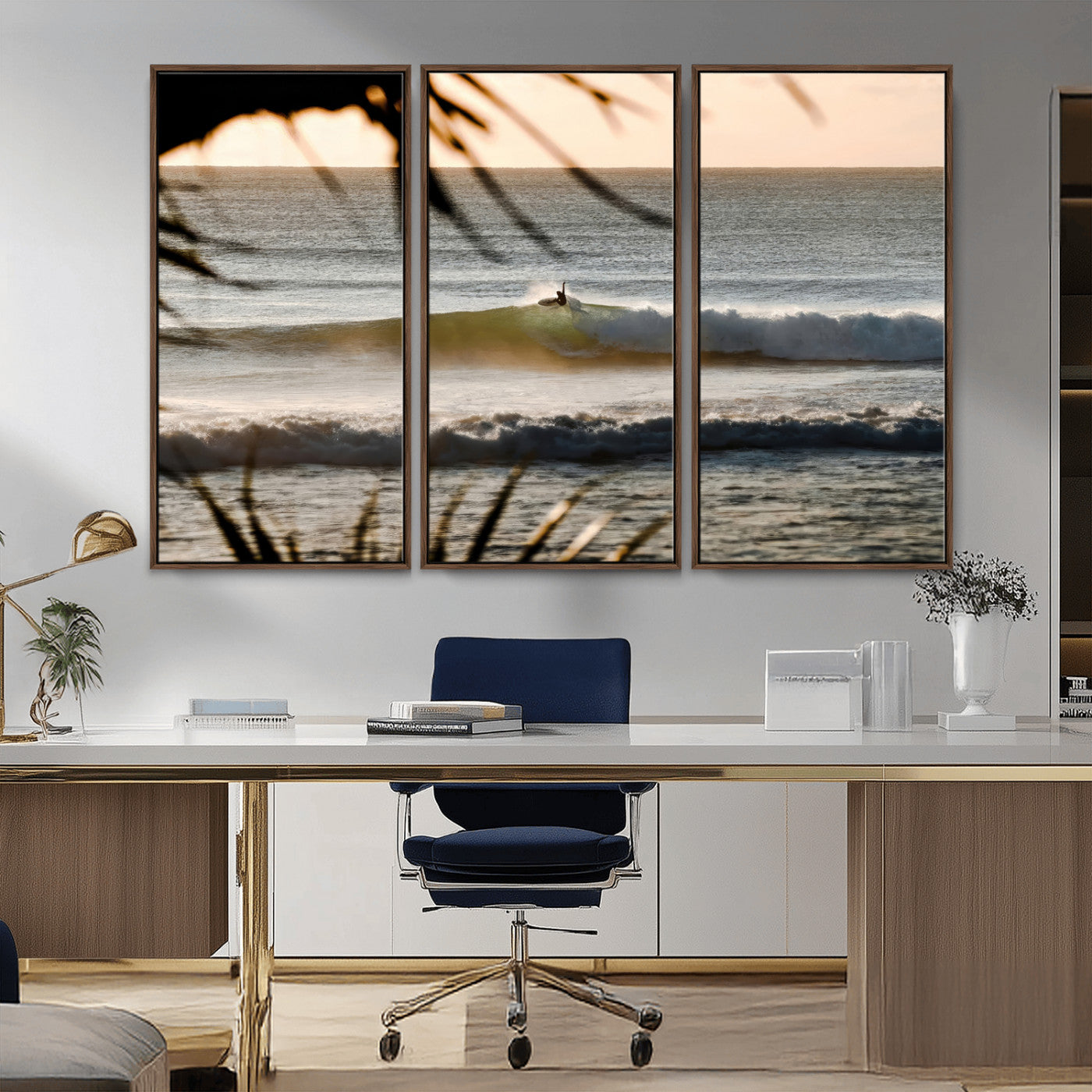 Photo of a surfer riding a golden hour wave at sunset, with tropical tones and dreamy light, perfect for tropical boho or coastal home decor.