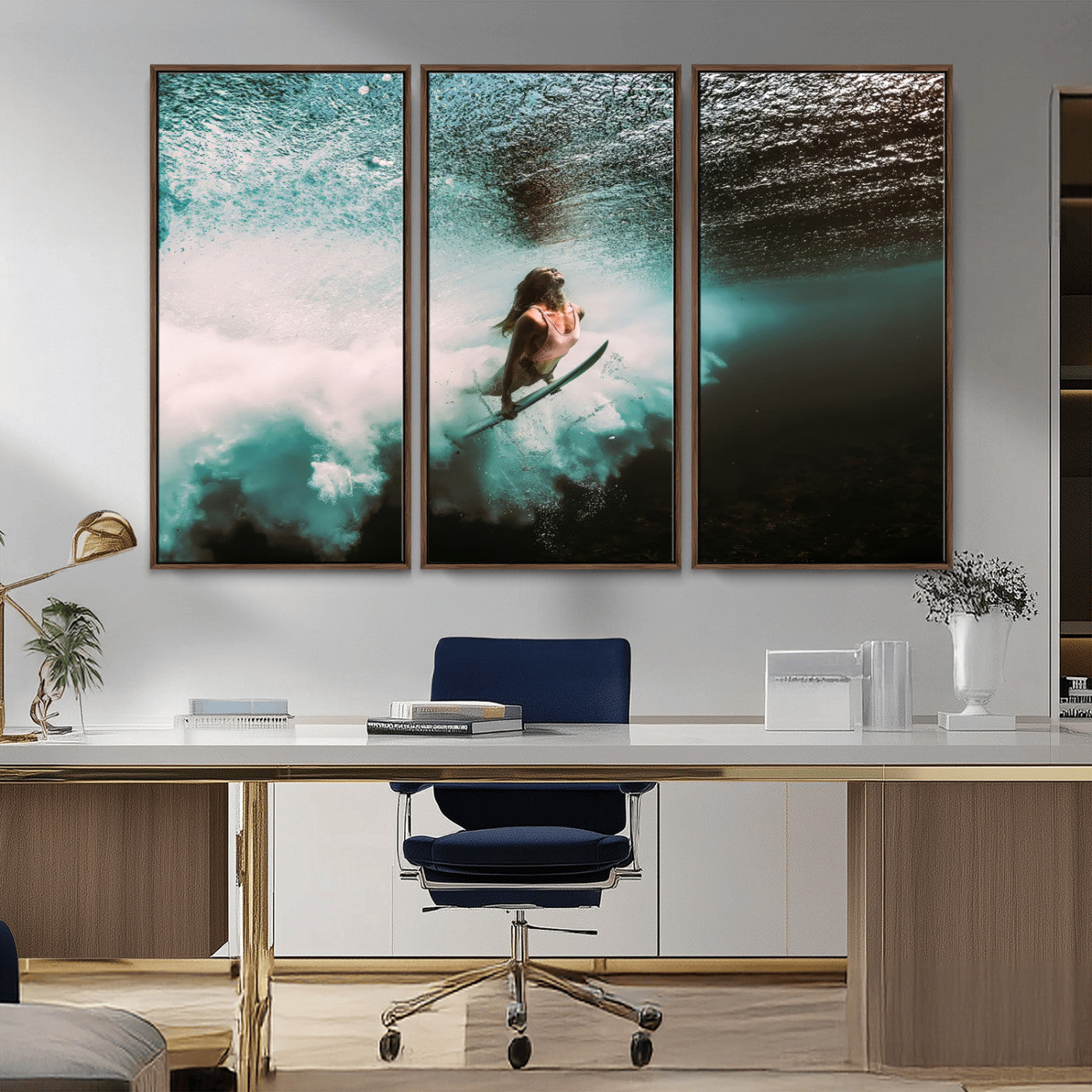 Vibrant underwater photo of a female surfer diving through turquoise waves, perfect for coastal boho or surf-inspired home decor.