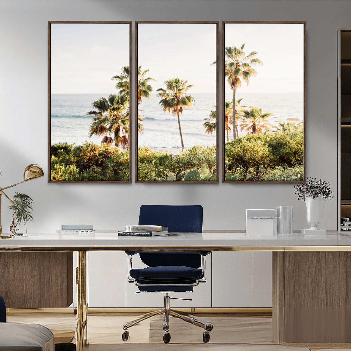 Framed print of sunlit palm trees on the California coast with warm tones, perfect for coastal minimalist or beach-style home decor.