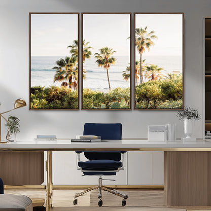 Framed print of sunlit palm trees on the California coast with warm tones, perfect for coastal minimalist or beach-style home decor.