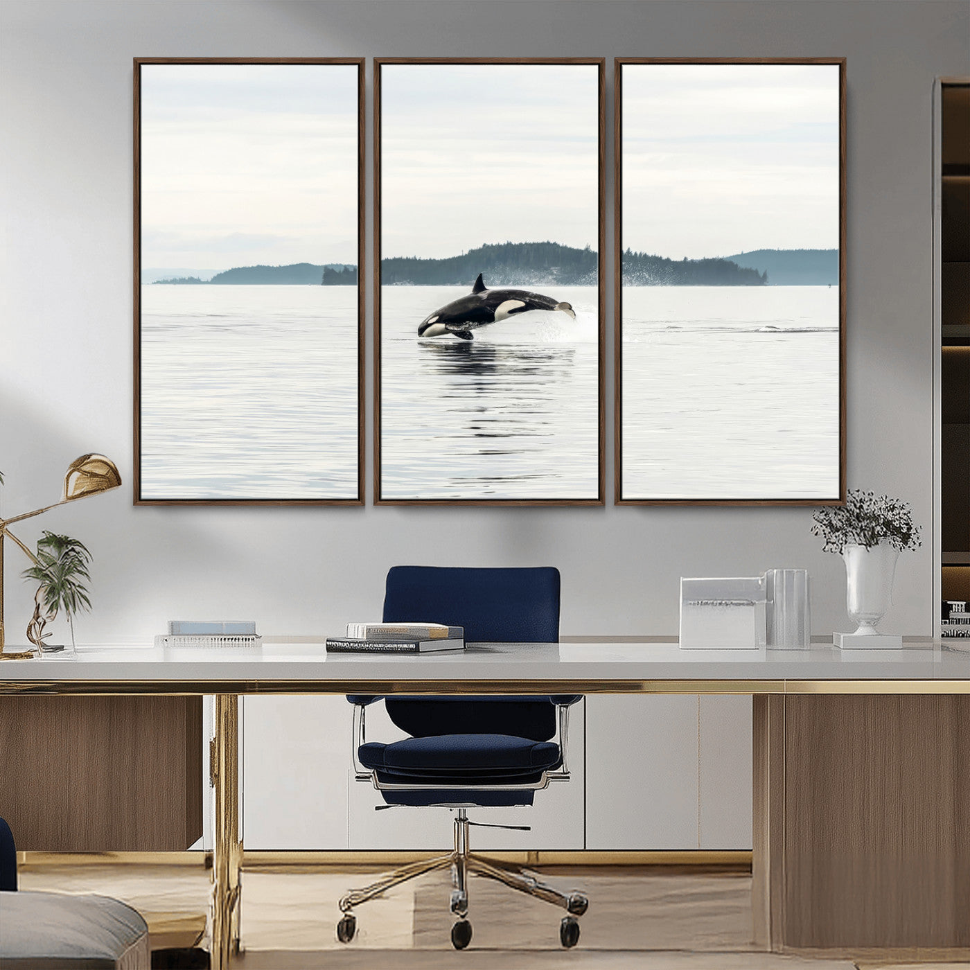 An orca jumping out of calm ocean waters with a misty island in the background, creating a serene and minimalist marine wildlife scene.