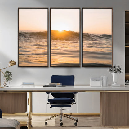 Ocean waves glowing under a warm golden sunset, reflecting soft light and calm movement, perfect for warm minimalist coastal interiors.