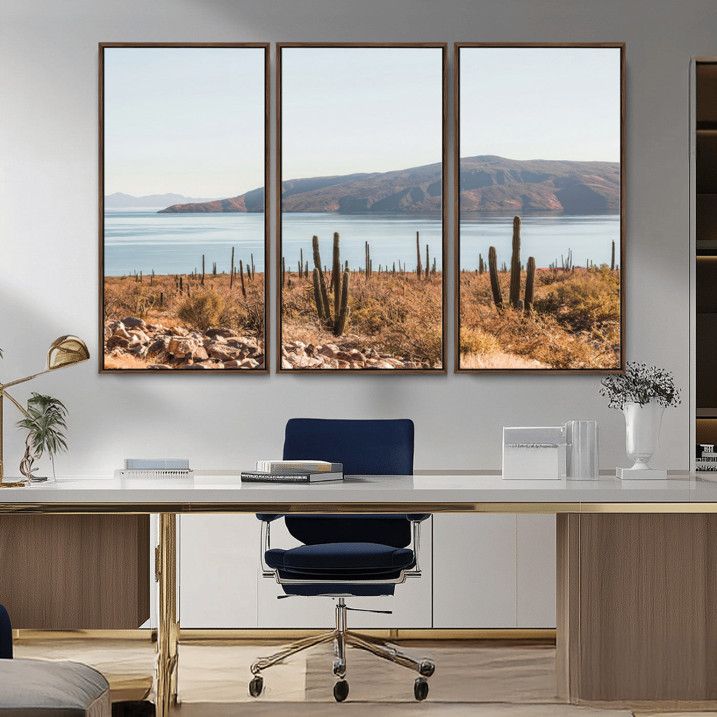 Warm desert landscape with cacti and coastal mountains, perfect for southwestern or earthy calm-themed home wall decor.