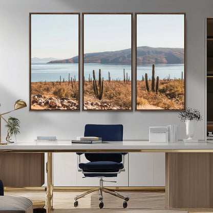 Warm desert landscape with cacti and coastal mountains, perfect for southwestern or earthy calm-themed home wall decor.