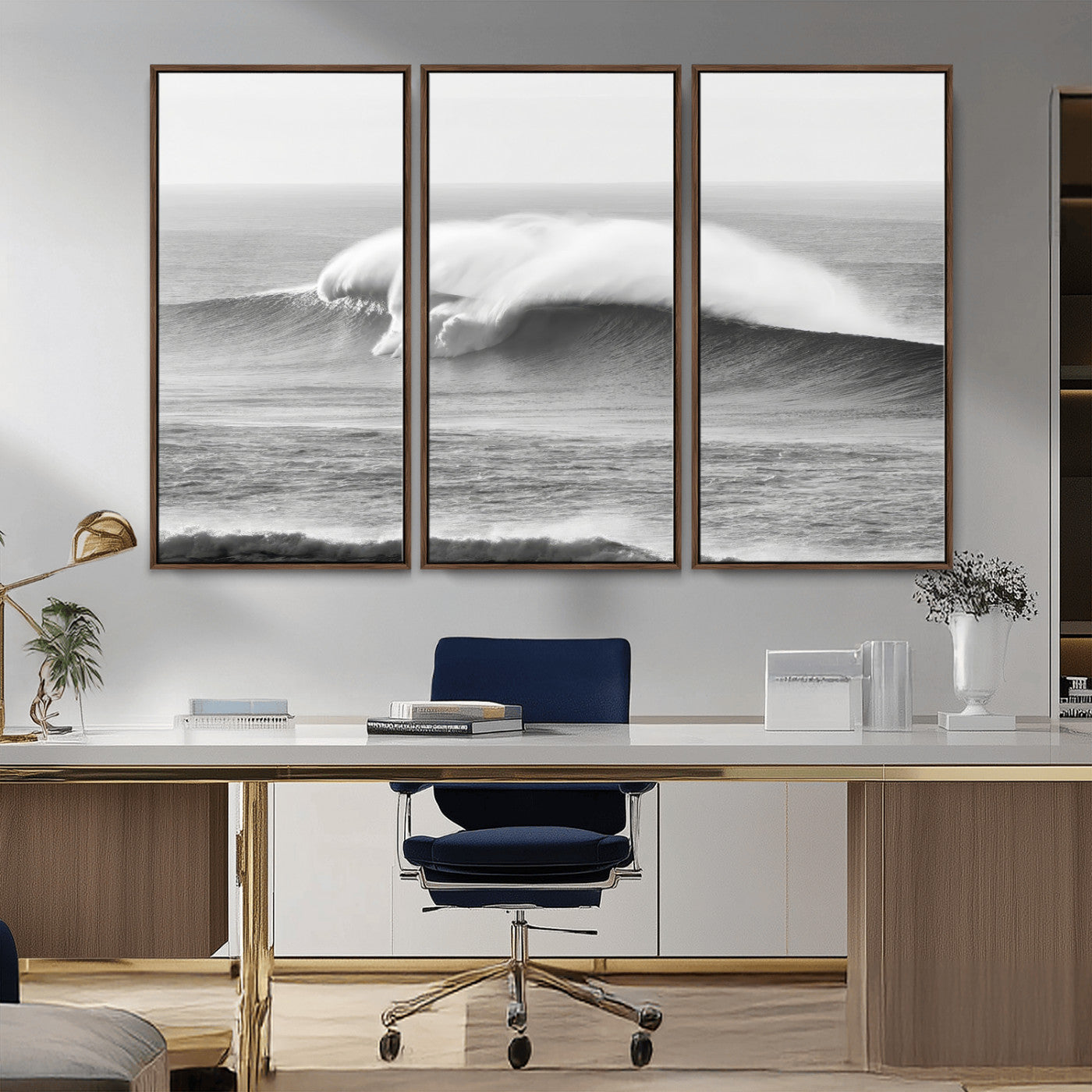 A dramatic black and white ocean wave crashing with immense force, capturing the raw power and movement of the sea in a bold seascape.