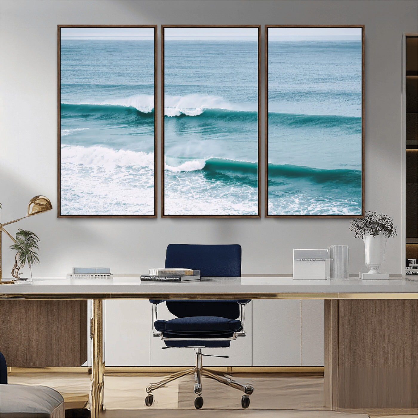 Powerful ocean waves rolling towards the shore, their turquoise hues blending with white sea foam under an open horizon, capturing the essence of the ocean's movement.