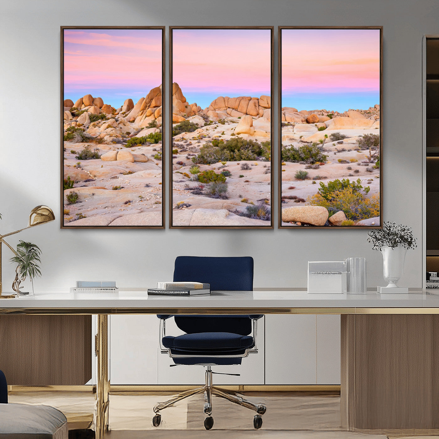A breathtaking desert landscape featuring rugged rock formations under a vibrant pastel sunset sky, capturing the warmth and serenity of a Southwestern wilderness.