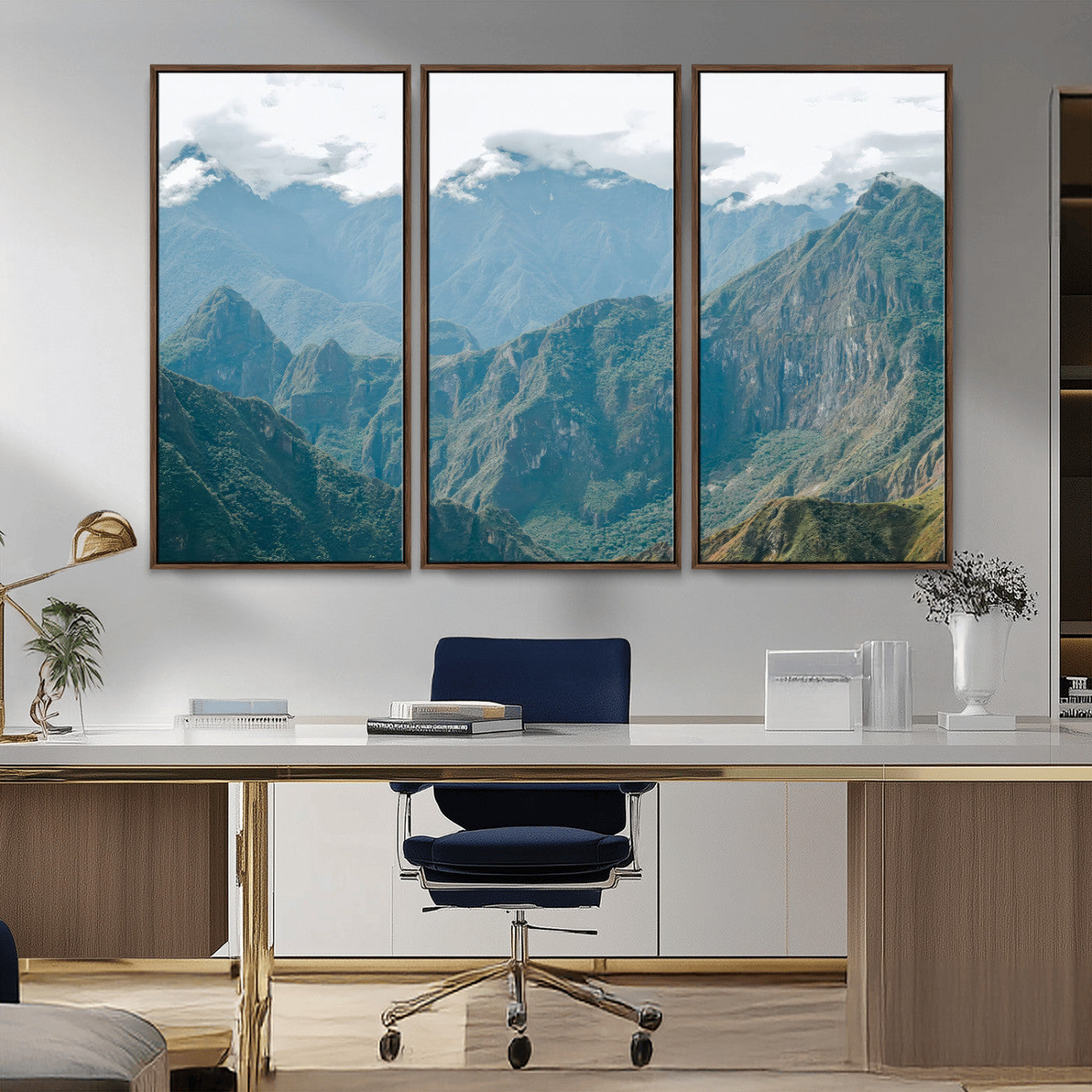 A misty mountain landscape with cloud-covered Andean peaks and lush green valleys, creating a dramatic and serene view, perfect for rustic or nature-inspired home decor.