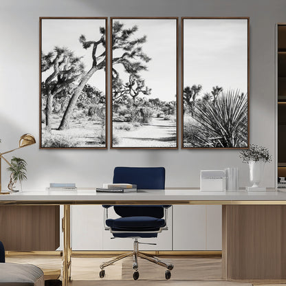 Canvas of a Joshua Tree forest in black and white tones, featuring a desert path and spiky vegetation, ideal for minimalist or rustic decor.