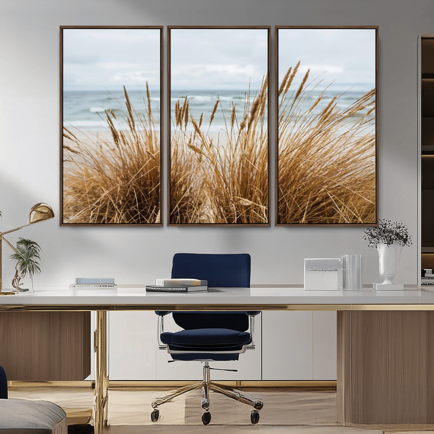 Canvas of golden beach grass swaying by the ocean under a soft cloudy sky, perfect for neutral-toned or coastal minimalist decor.