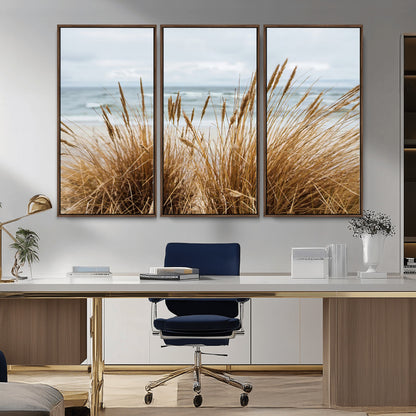Canvas of golden beach grass swaying by the ocean under a soft cloudy sky, perfect for neutral-toned or coastal minimalist decor.