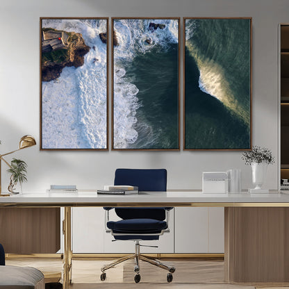 Canvas showing an aerial view of crashing waves along the Nazaré coastline, perfect for dramatic coastal or ocean-themed home decor.