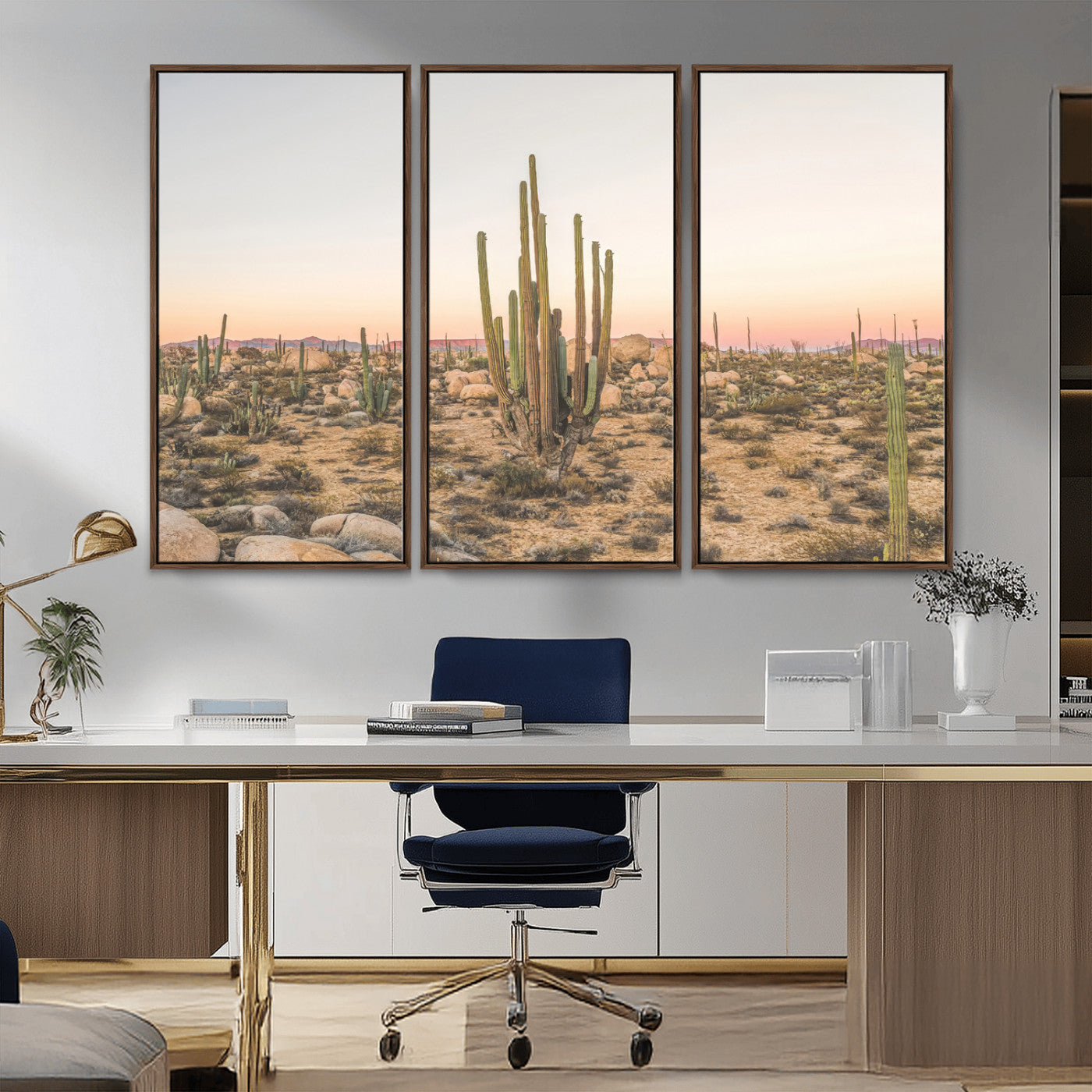 Canvas of tall desert cacti in warm sunset tones over a rocky Baja landscape, ideal for earthy or Southwestern-style home decor.